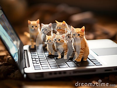 Miniature cats and computer, generative ai Stock Photo