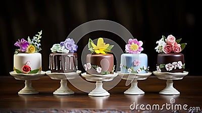 Miniature chocolate cakes, decorated with edible flowers. Generative AI Stock Photo