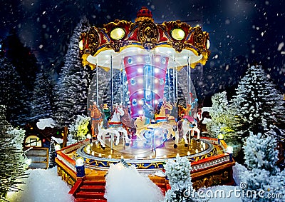 Miniature Christmas village scene. Christmas decorations toys. Stock Photo