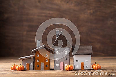 Miniature cute Thanksgiving little autumn cottages village Stock Photo