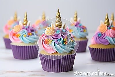 Miniature Cute unicorn cupcakes. Generate Ai Stock Photo
