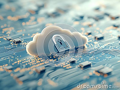 Miniature digital cloud sitting on a microchip with a secure lock, symbolizing cloud integration, data safety, and advanced tec Cartoon Illustration