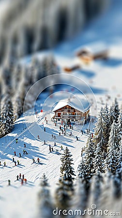 Miniature Effect on Winter Resort Wonderland Captured with Tilt-Shift Lens. AI Generated Stock Photo