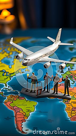 Miniature figures, representing male and female travelers, stand near a world map and airplane Stock Photo