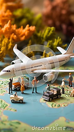 Miniature figures, representing male and female travelers, stand near a world map and airplane Stock Photo