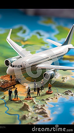 Miniature figures, representing male and female travelers, stand near a world map and airplane Stock Photo