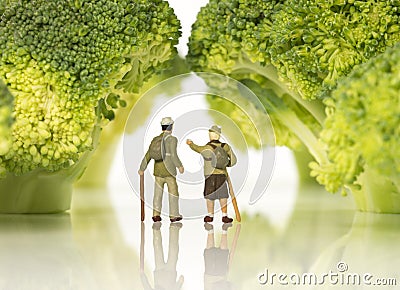 Miniature figures walking on broccoli trees Stock Photo