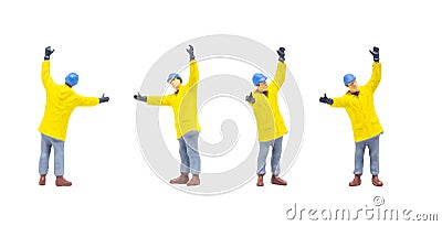 Worker wearing protective clothes and posing in posture isolated on white background. Stock Photo