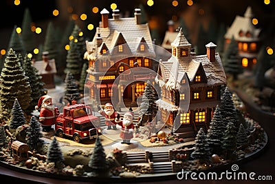 Miniature figurines of a Santa Claus, gnomes and cute village created with generative AI technology Stock Photo
