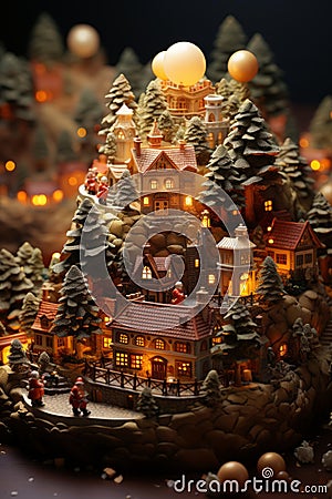 Miniature figurines of a Santa Claus, gnomes and cute village created with generative AI technology Stock Photo