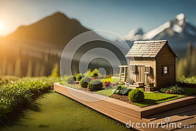 miniature garden,home garden of sticks in sunset.Ai generated Stock Photo