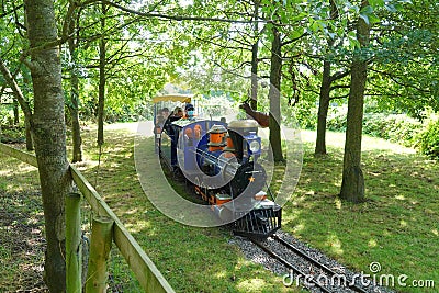 Miniature railway train entering wooded area Editorial Stock Photo