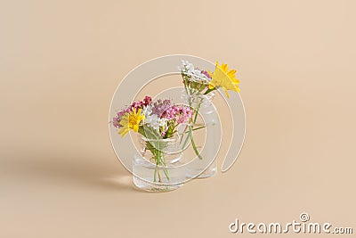 Miniature glass bottles with wildflowers on a biege background. Minimal concept summer, spring Stock Photo