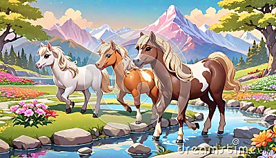 Miniature horse equine ranch pond high mountain Cartoon Illustration