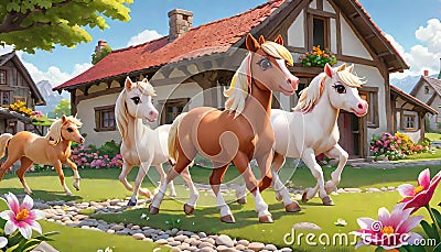 Miniature horse equine running ranch house Cartoon Illustration