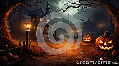 A miniature house with carved pumpkins around it ai generative Stock Photo