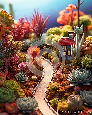 Miniature house garden and succulents. Mini succulent home garden cactus plants and mini cacti with sandy path. AI generated. Cartoon Illustration