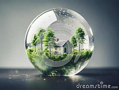 Miniature house inside bubble on the table 3d rendering Stock Photo