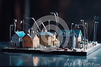 Miniature house and symbols of public utilities Choosing a home to buy. Generative AI Stock Photo