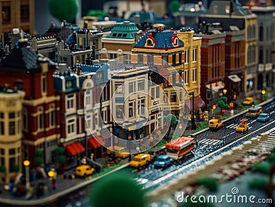 A miniature imaginary city built from plastic bricks. Residential and commercial buildings are built facing the road. Stock Photo