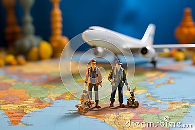Miniature male and female travelers with backpacks stand near a world map and airplane model Stock Photo