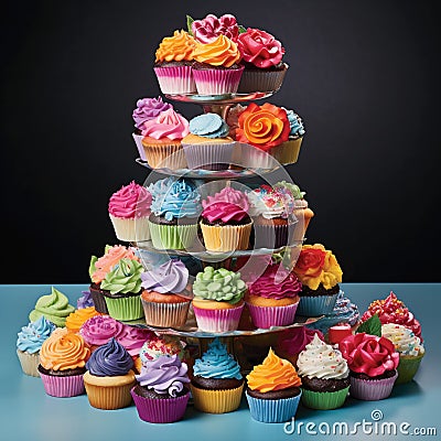 Miniature Marvels: A Tower of Cupcakes Packed with Flavor Stock Photo