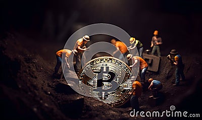 Miniature miners are mining bitcoins in the mine Generative ai Cartoon Illustration