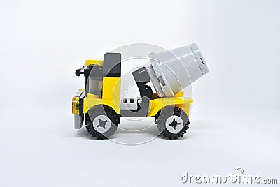 A miniature model of a Construction Mixer Lorry made of plastic bricks Stock Photo