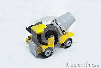 A miniature model of a Construction Mixer Lorry made of plastic bricks Stock Photo