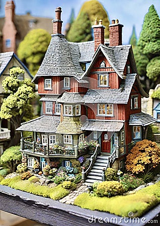 miniature model house display with gardens on suburban street Stock Photo