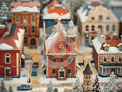 Miniature model of houses on a background of snowy winter cute city landscape. Tilt-shift Christmas small town Stock Photo