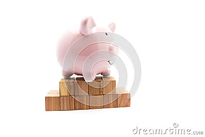 Miniature model piggybank on fundation of wooden cubes, isolated on white Stock Photo