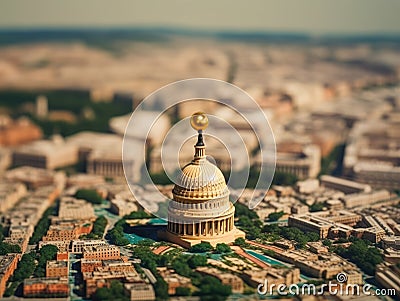 Miniature model of United States Capitol building, with its iconic dome and gold-colored top. This small replica is Stock Photo