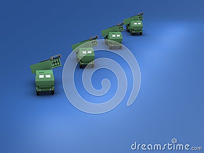 Miniature models of a fictitious NATO style high mobility rocket system. A neatly arranged game changer. Stock Photo