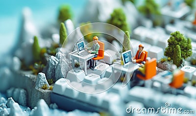 Miniature office workers typing on a giant keyboard, using the keys as desks and chairs, 3D whimsical Stock Photo