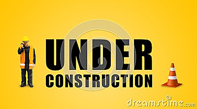 Miniature people as workers standing and working nearly traffic cone and text wordings Under Construction on yellow background. Stock Photo