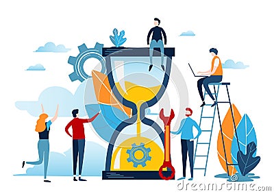 Miniature people with big clock sand. Time management concept. Business illustration vector graphic design. Cartoon Illustration