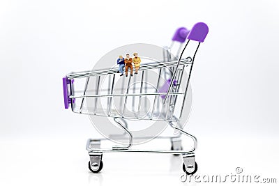 Miniature people: Businessman setting with shopping cart. Image use for shopping, marketing place world wide, business concept. Stock Photo
