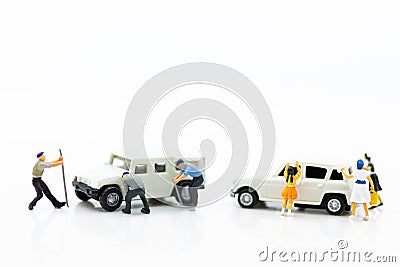 Miniature people: Car Repair and Cleaning Services, Garages, Car Care. Image use one stop service concept Stock Photo