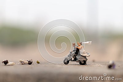 Miniature people : Couple riding the motorcycle in the garden Stock Photo