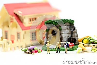 Miniature people : Farmer gardener in action with market,Farm Local Market Concep Stock Photo