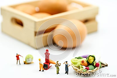 Miniature people : Farmer gardener in action with market,Farm Local Market Concept Stock Photo