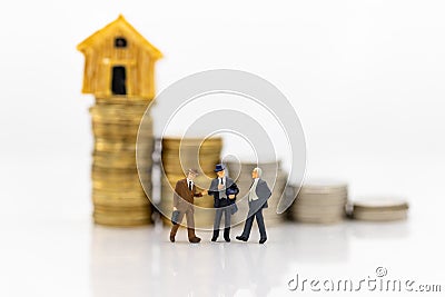 Miniature people: Group business meeting guaranteed loan, third party, guarantor. Image use for business concept Stock Photo