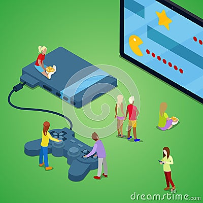 Miniature People Playing Video Games on Console. Gaming Technology. Isometric illustration Vector Illustration