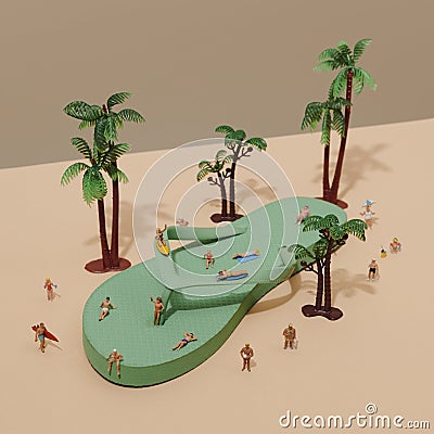 miniature people relaxing on a green flip-flop Stock Photo