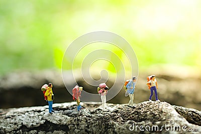 Five travelers trekking in jungle on greenery blurred background Stock Photo