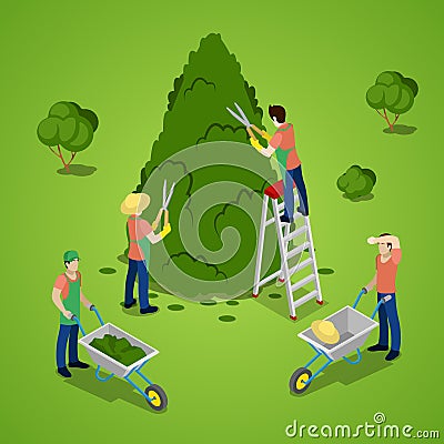 Miniature People Trimming Tree. Gardener Working. Isometric illustration Vector Illustration