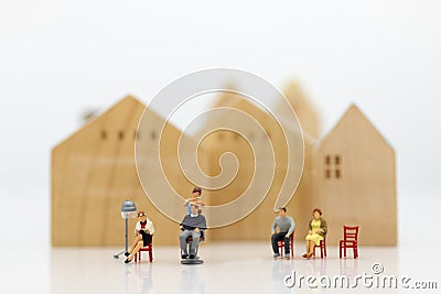 Miniature people : Women open barber shop for service hair style. Image use for design, business concept Stock Photo