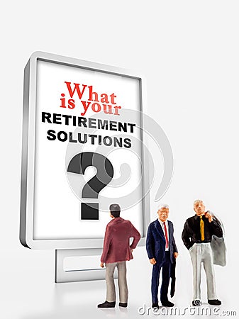 A group of different age people are standing in front of a billboard with a question message about retirement solutions Stock Photo