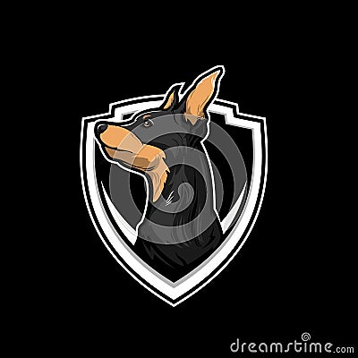 Miniature pinscher dog cartoon character vector shield logo template Vector Illustration